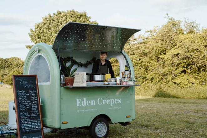 Eden Crepes green trailer — outdoor wedding catering UK