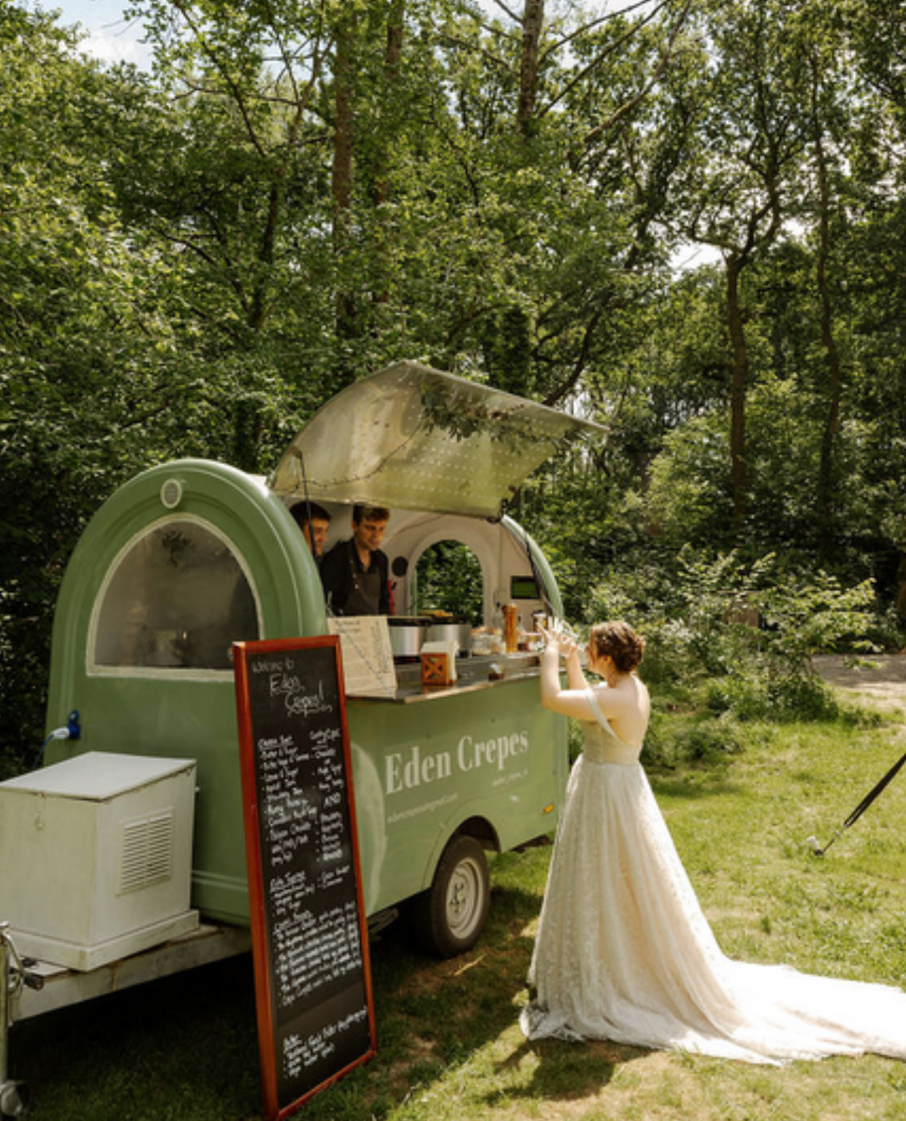 Eden Crepes green trailer at a wedding — crepe catering UK